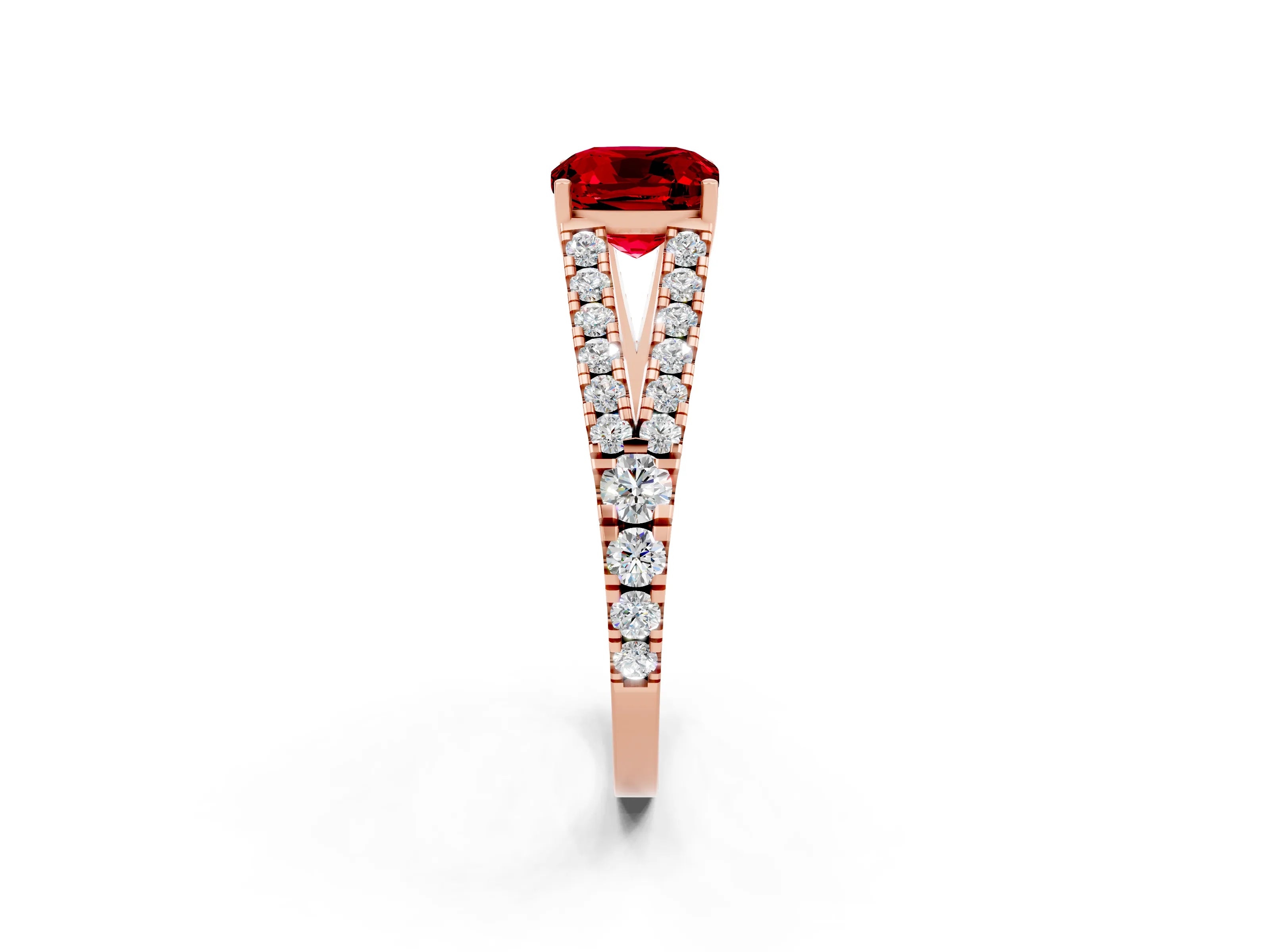 Rose gold Cushion Cut Ruby Split Shank Pavé Engagement Ring with Four-Prong Setting_14