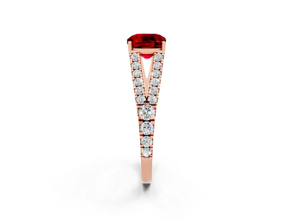 Rose gold Cushion Cut Ruby Split Shank Pavé Engagement Ring with Four-Prong Setting