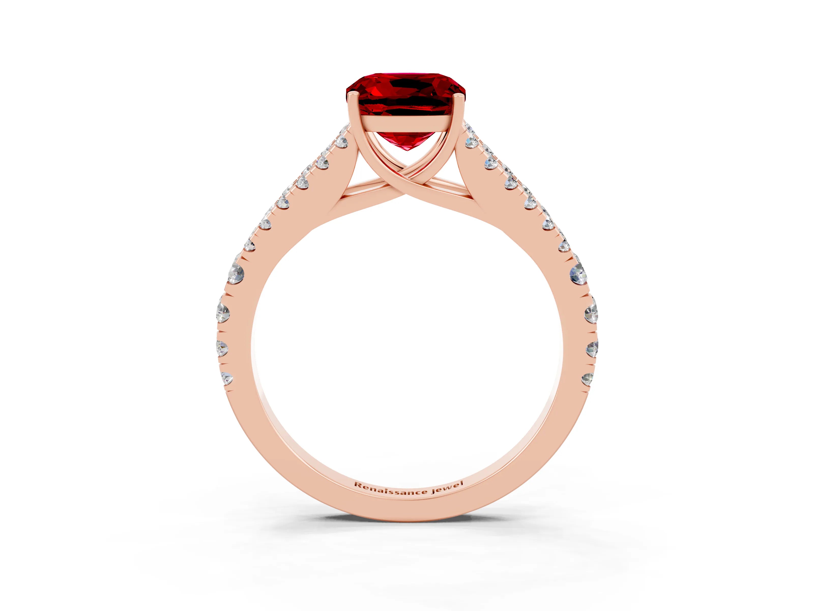 Rose gold Cushion Cut Ruby Split Shank Pavé Engagement Ring with Four-Prong Setting_15