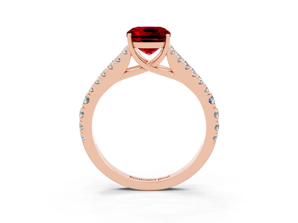 Rose gold Cushion Cut Ruby Split Shank Pavé Engagement Ring with Four-Prong Setting