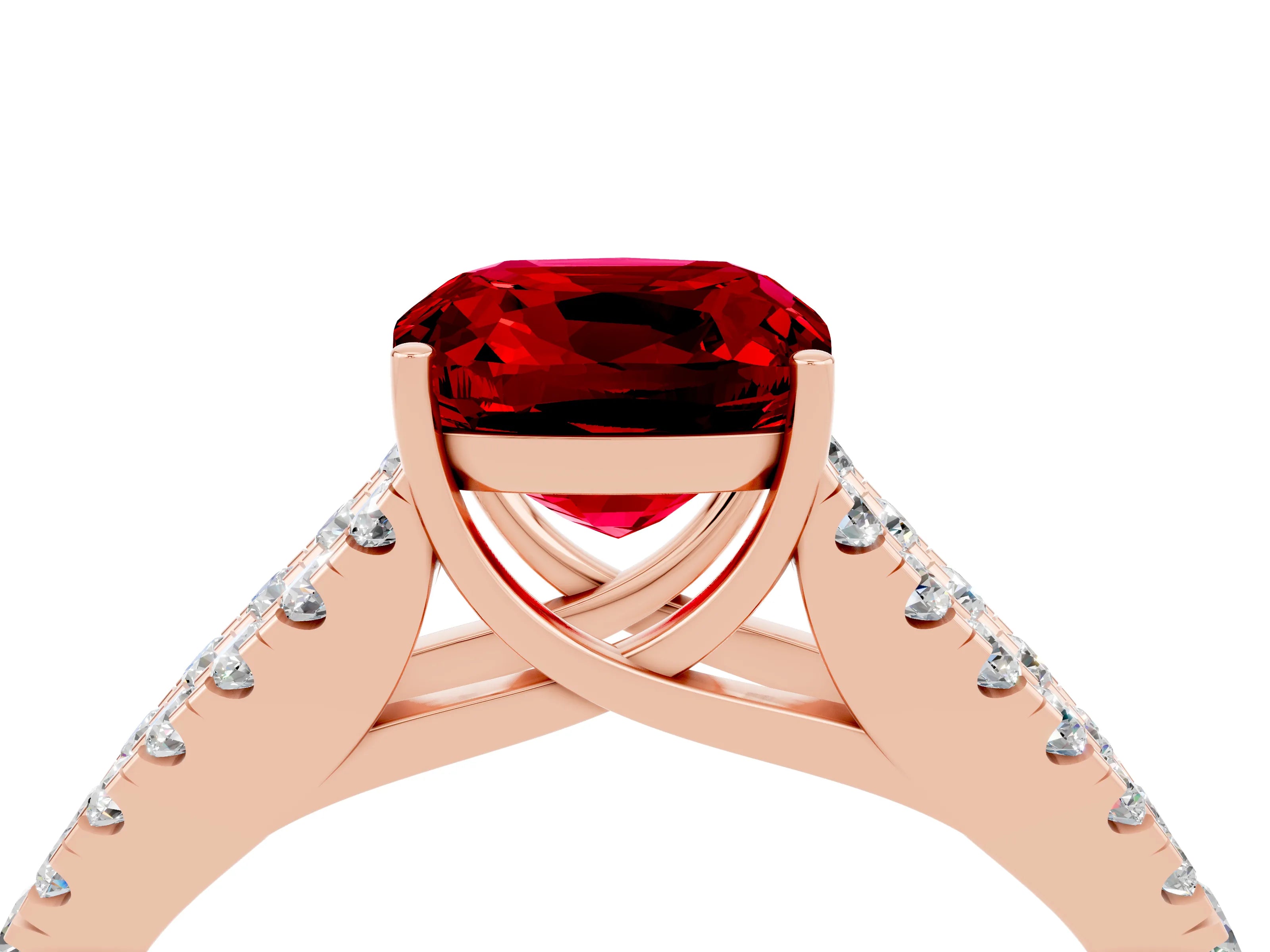 Rose gold Cushion Cut Ruby Split Shank Pavé Engagement Ring with Four-Prong Setting_16