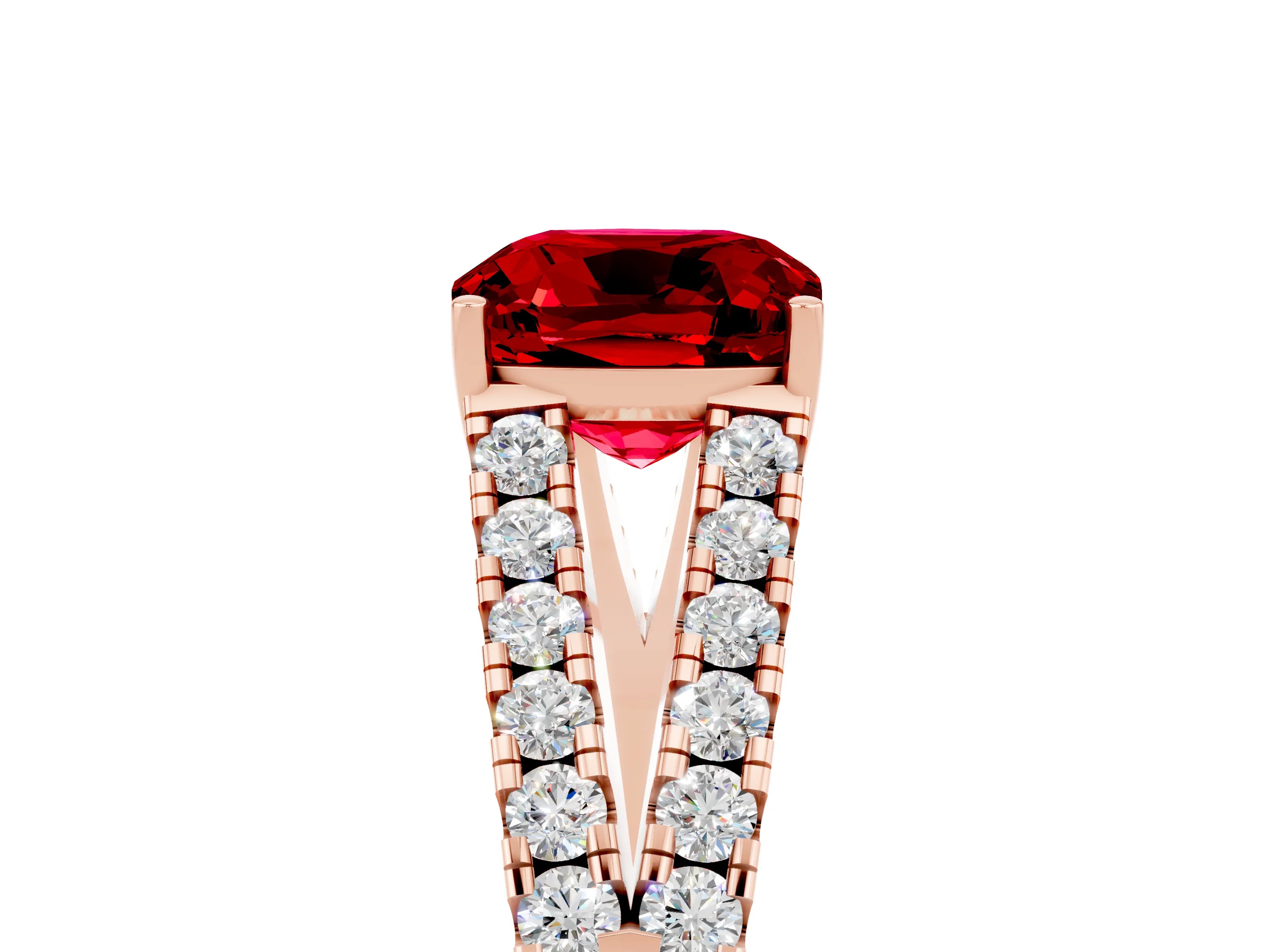 Rose gold Cushion Cut Ruby Split Shank Pavé Engagement Ring with Four-Prong Setting_17