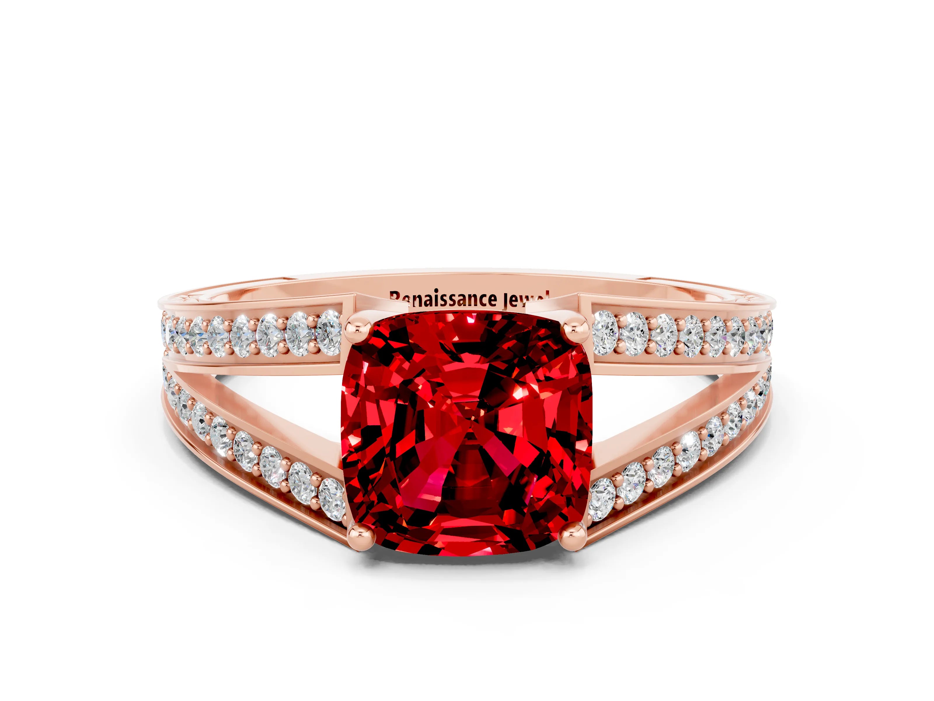 Rose gold Cushion Cut Ruby Split Shank Ring with Pavé Band and Four-Prong Setting