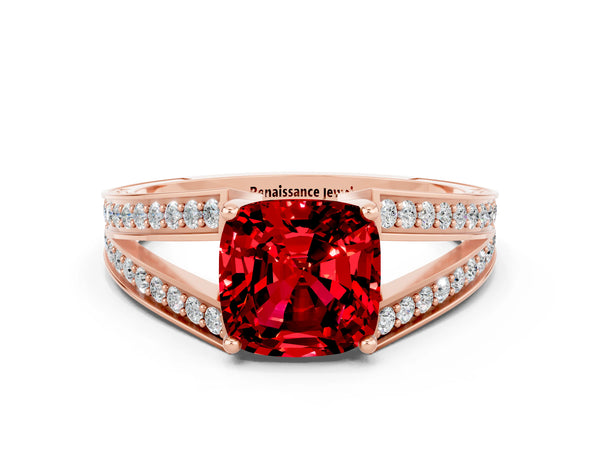 Rose gold Cushion Cut Ruby Split Shank Ring with Pavé Band and Four-Prong Setting