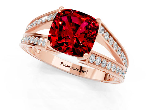 Rose gold Cushion Cut Ruby Split Shank Ring with Pavé Band and Four-Prong Setting_1
