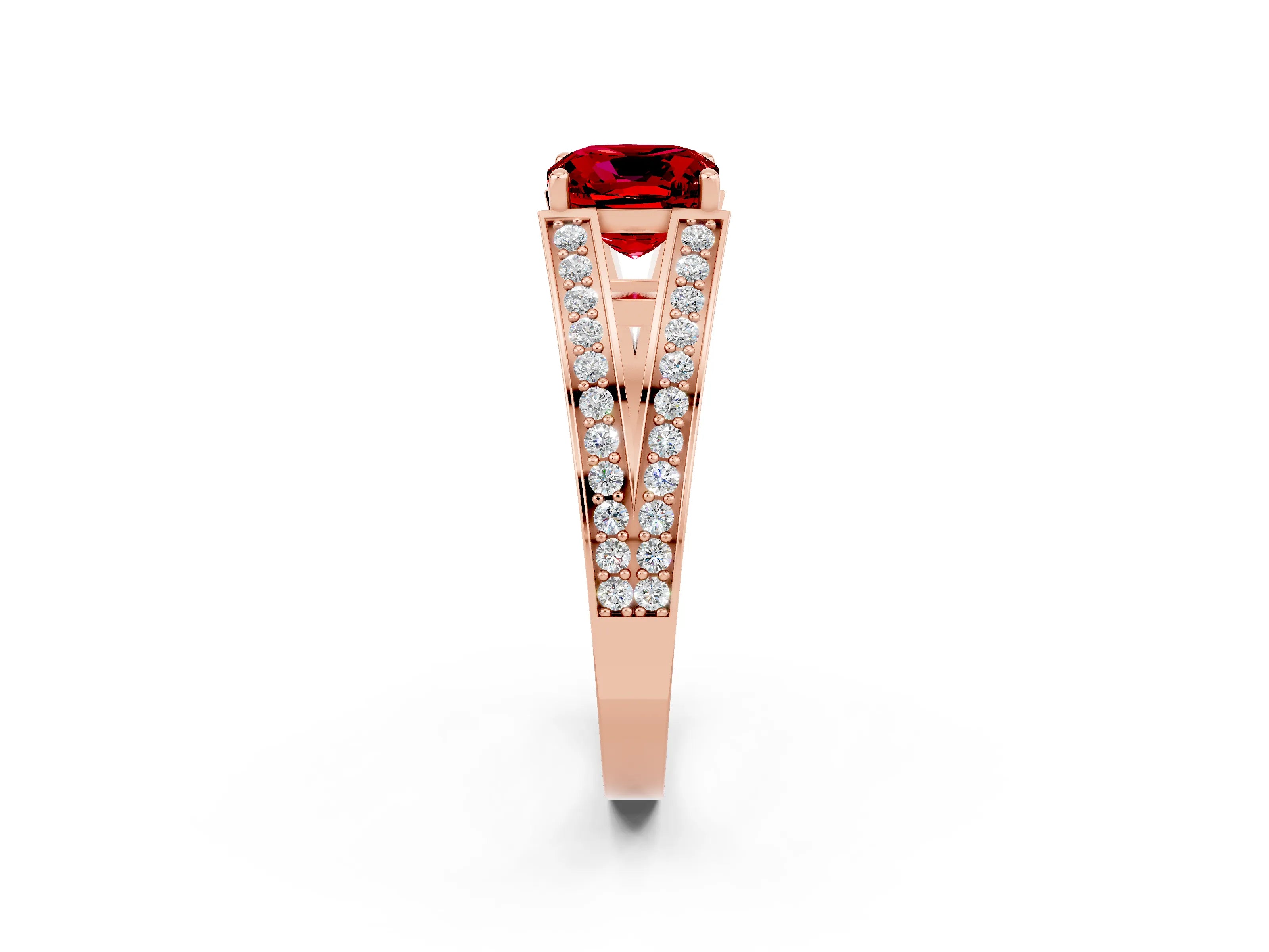 Rose gold Cushion Cut Ruby Split Shank Ring with Pavé Band and Four-Prong Setting_2