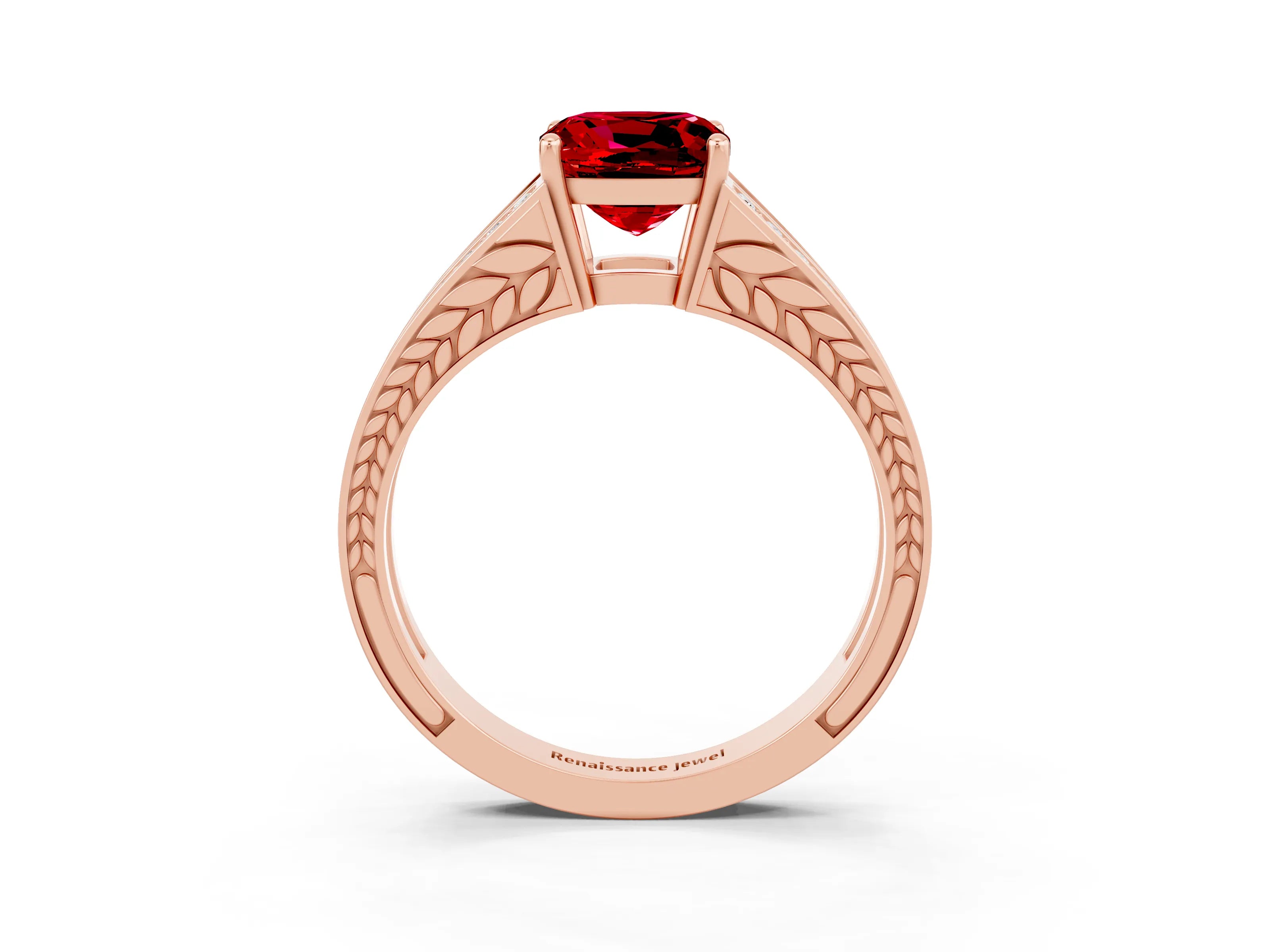 Rose gold Cushion Cut Ruby Split Shank Ring with Pavé Band and Four-Prong Setting_3