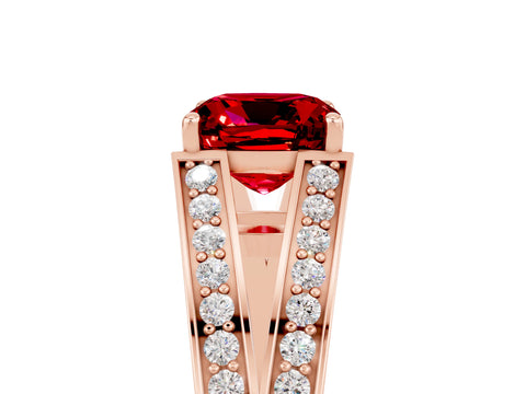 Rose gold Cushion Cut Ruby Split Shank Ring with Pavé Band and Four-Prong Setting_5