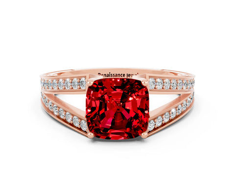Rose gold Cushion Cut Ruby Split Shank Ring with Pavé Band and Four-Prong Setting
