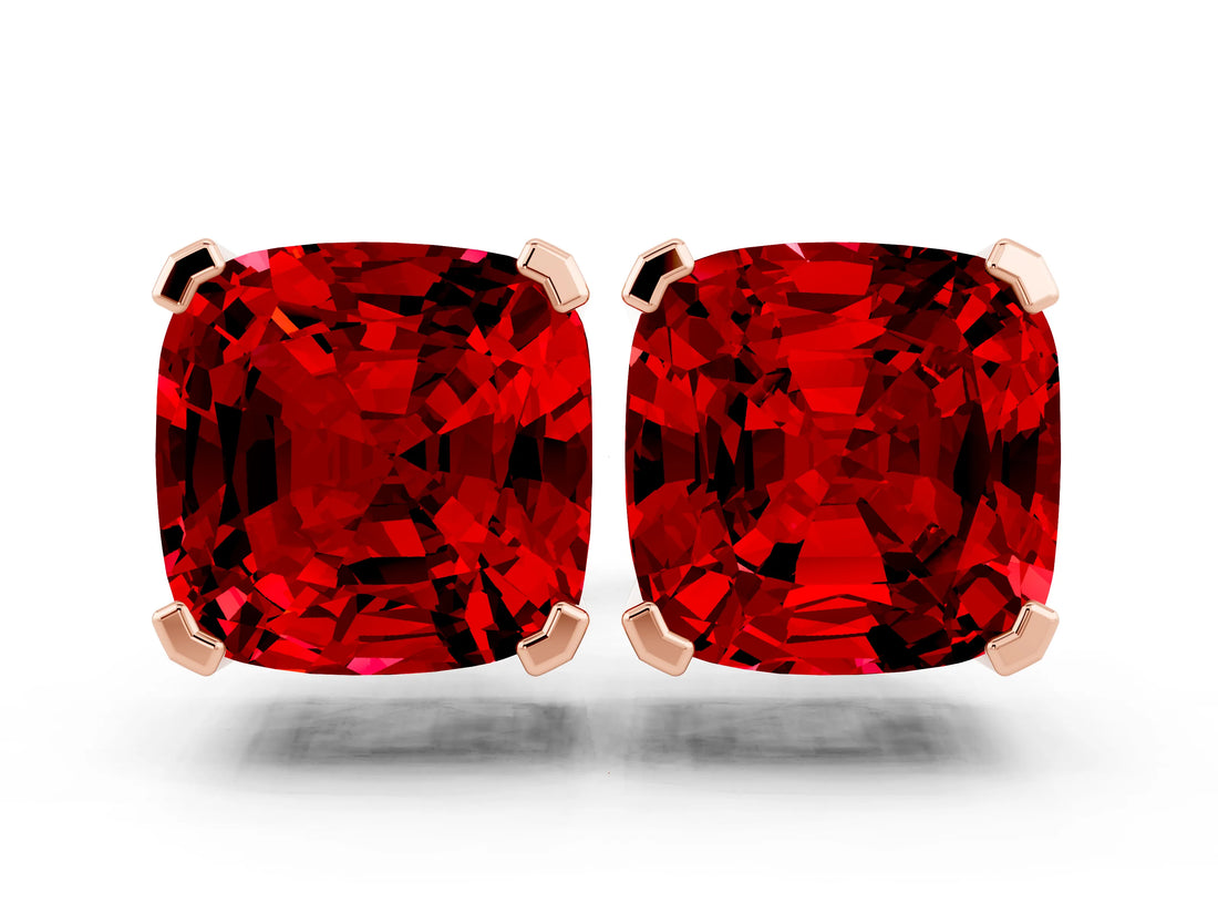 10K Rose Gold 7.13 Carat Cushion Ruby Stud Earrings