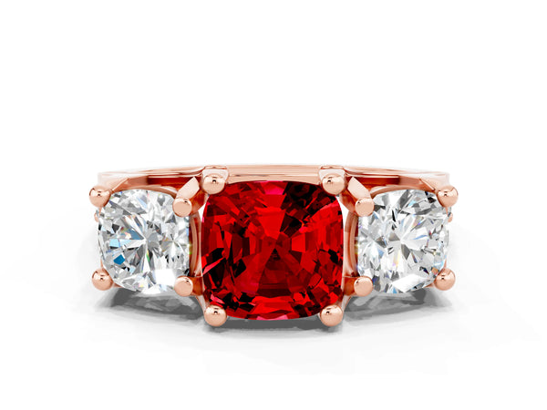 Rose gold Cushion Cut Ruby Three-Stone Ring with Channel Set Band and Four-Prong Setting