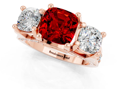 Rose gold Cushion Cut Ruby Three-Stone Ring with Channel Set Band and Four-Prong Setting_1