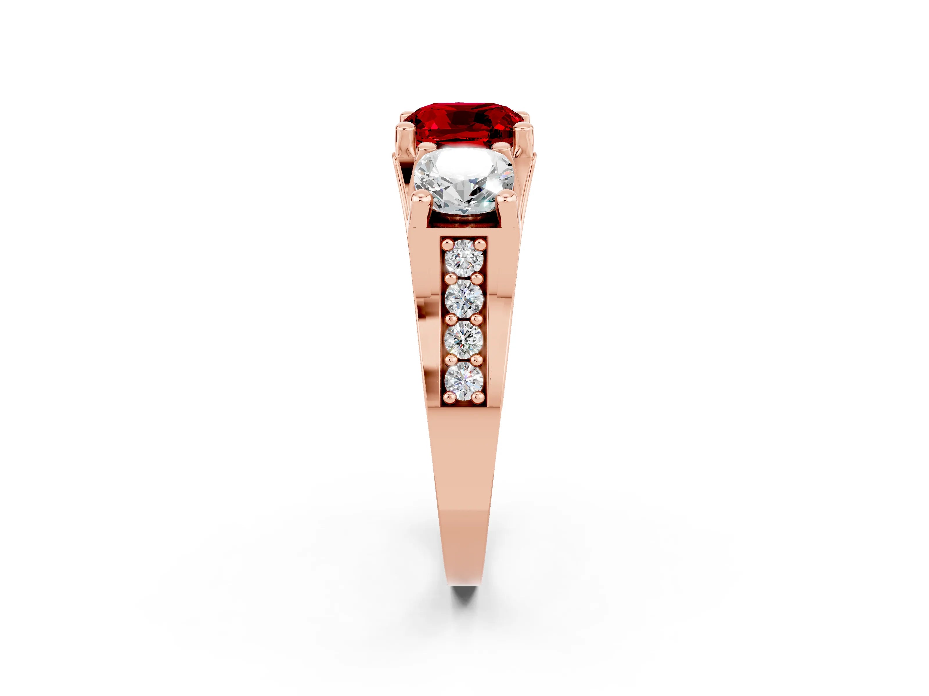 Rose gold Cushion Cut Ruby Three-Stone Ring with Channel Set Band and Four-Prong Setting_2