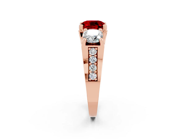 Rose gold Cushion Cut Ruby Three-Stone Ring with Channel Set Band and Four-Prong Setting
