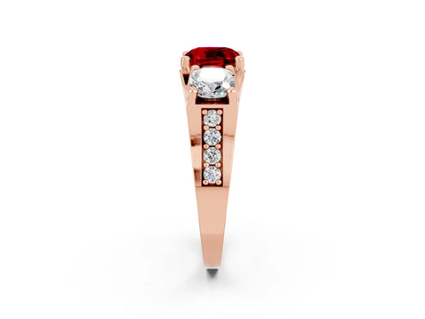 Rose gold Cushion Cut Ruby Three-Stone Ring with Channel Set Band and Four-Prong Setting_2