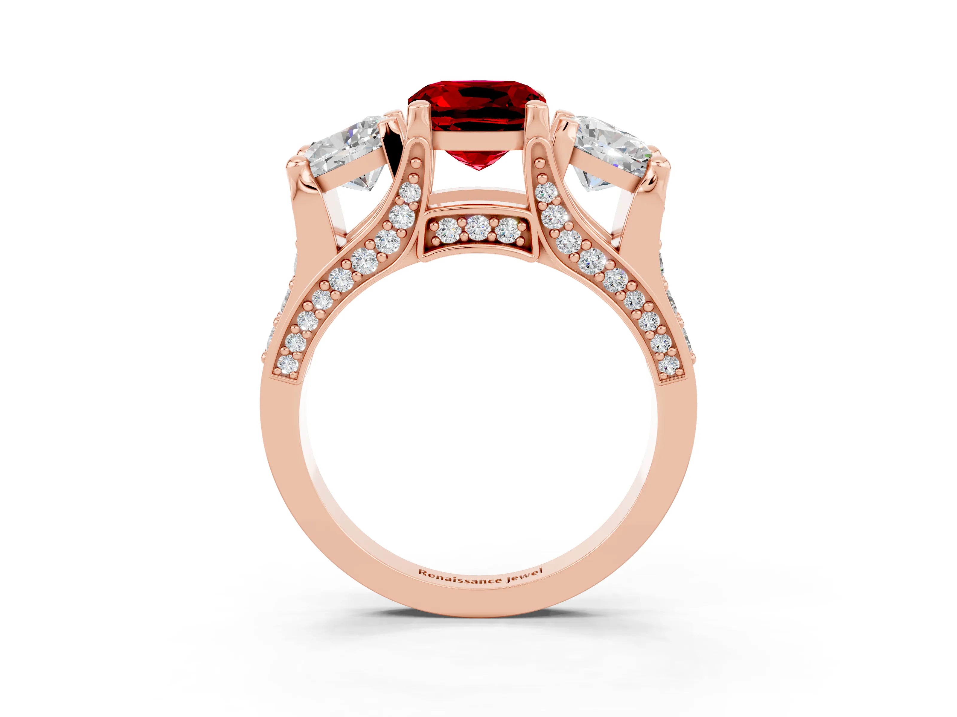 Rose gold Cushion Cut Ruby Three-Stone Ring with Channel Set Band and Four-Prong Setting_3