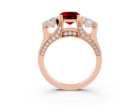 Rose gold Cushion Cut Ruby Three-Stone Ring with Channel Set Band and Four-Prong Setting_3