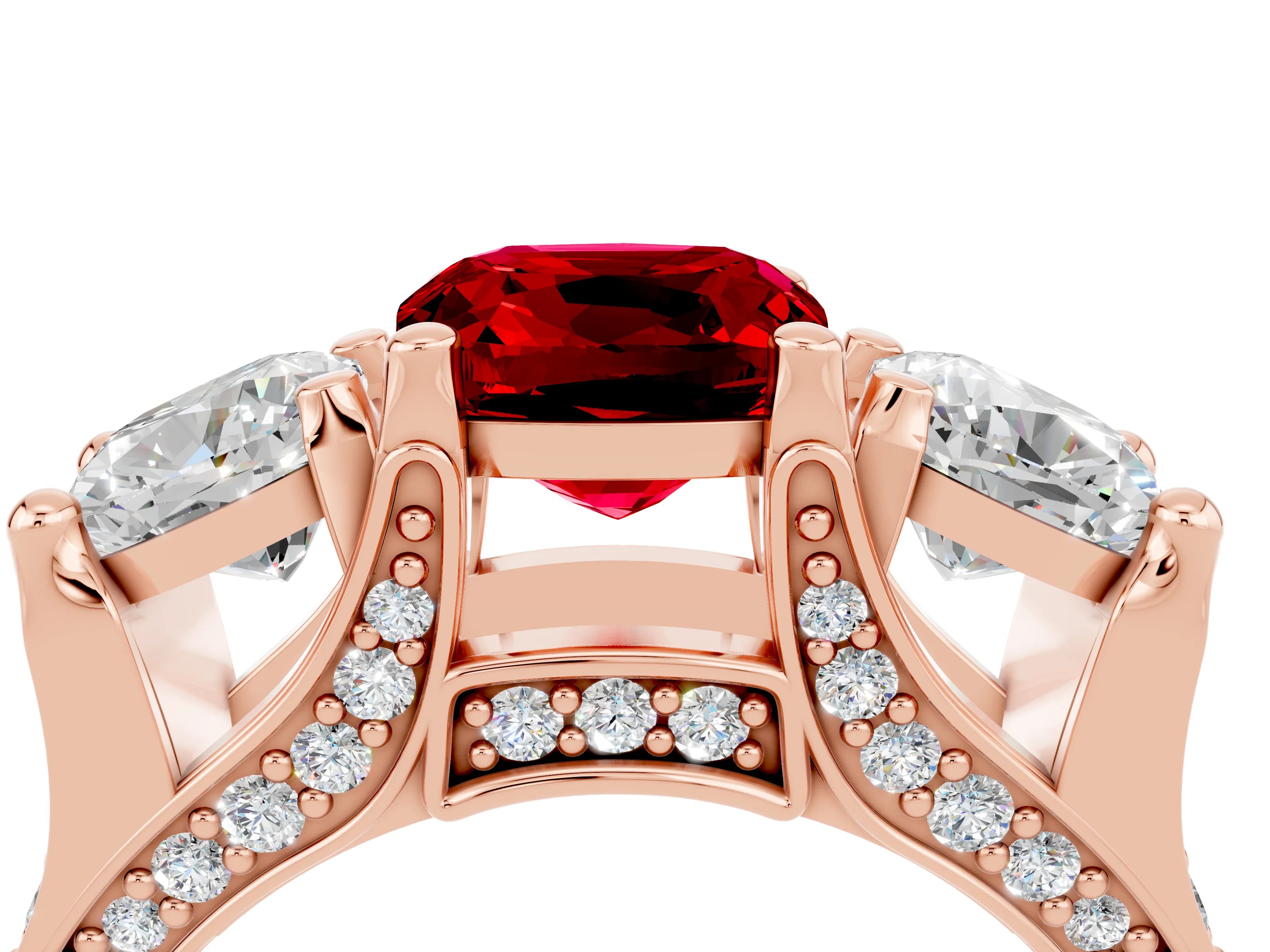 Rose gold Cushion Cut Ruby Three-Stone Ring with Channel Set Band and Four-Prong Setting_4