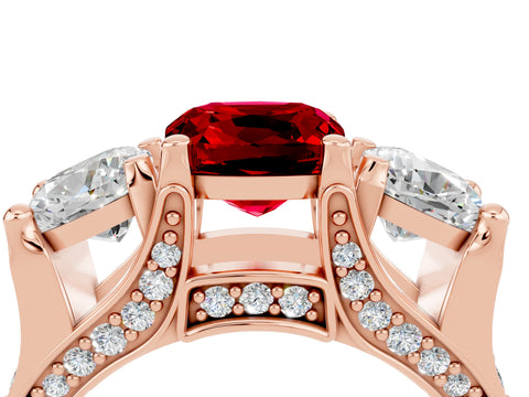 Rose gold Cushion Cut Ruby Three-Stone Ring with Channel Set Band and Four-Prong Setting_4