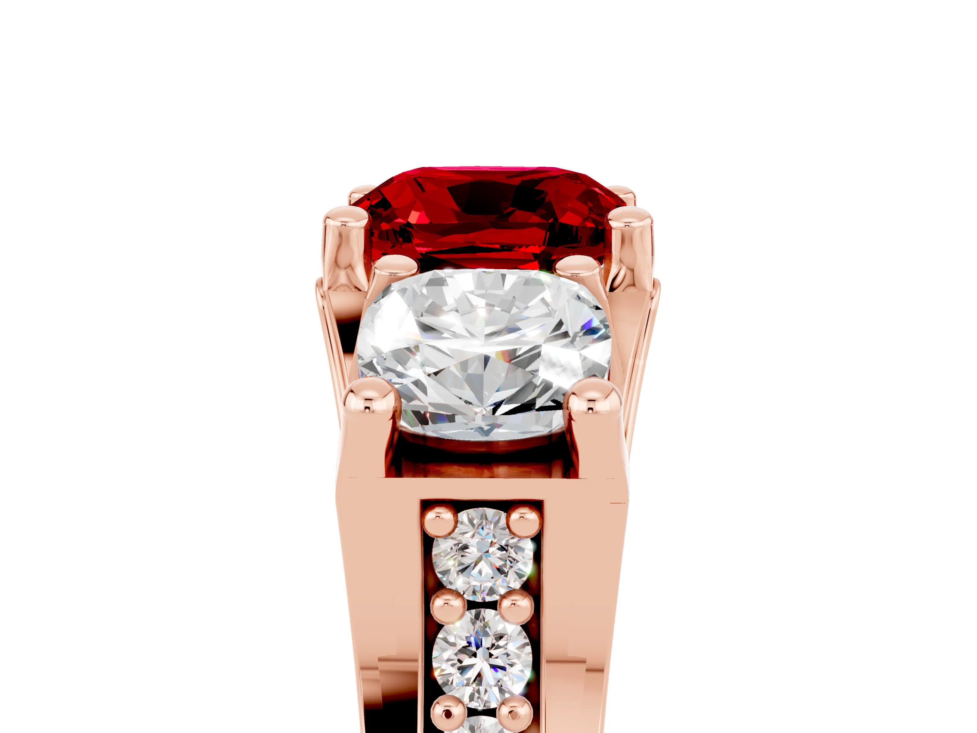 Rose gold Cushion Cut Ruby Three-Stone Ring with Channel Set Band and Four-Prong Setting_5
