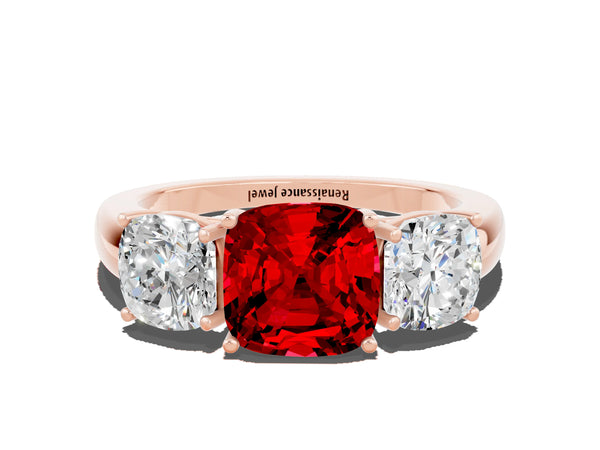 Rose gold Cushion Cut Ruby Three-Stone Ring with Four-Prong Setting and Classic Band