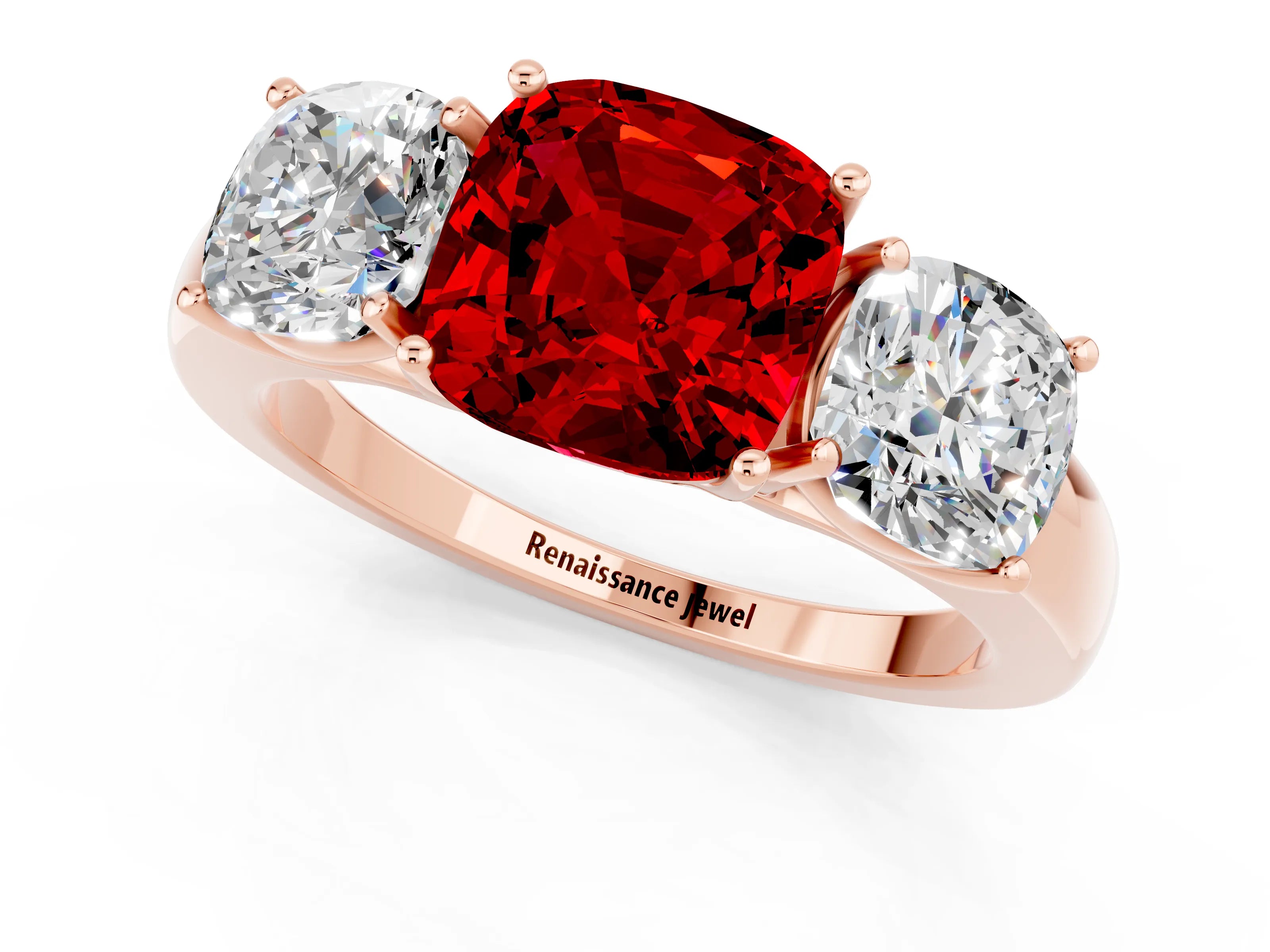 Rose gold Cushion Cut Ruby Three-Stone Ring with Four-Prong Setting and Classic Band_1