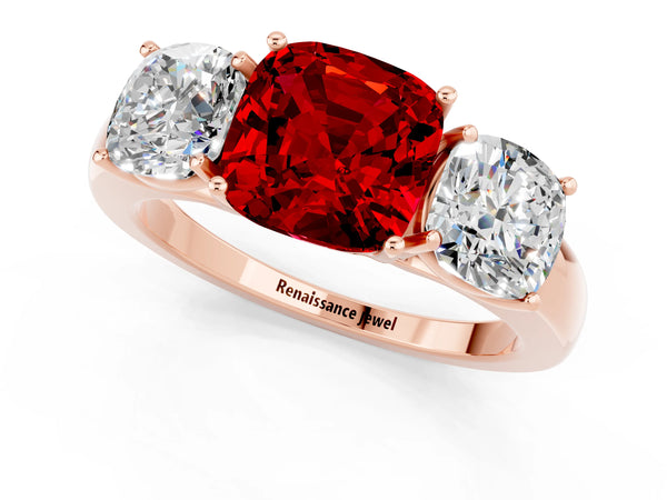 Rose gold Cushion Cut Ruby Three-Stone Ring with Four-Prong Setting and Classic Band