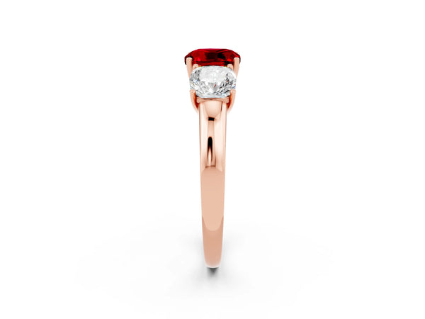 Rose gold Cushion Cut Ruby Three-Stone Ring with Four-Prong Setting and Classic Band