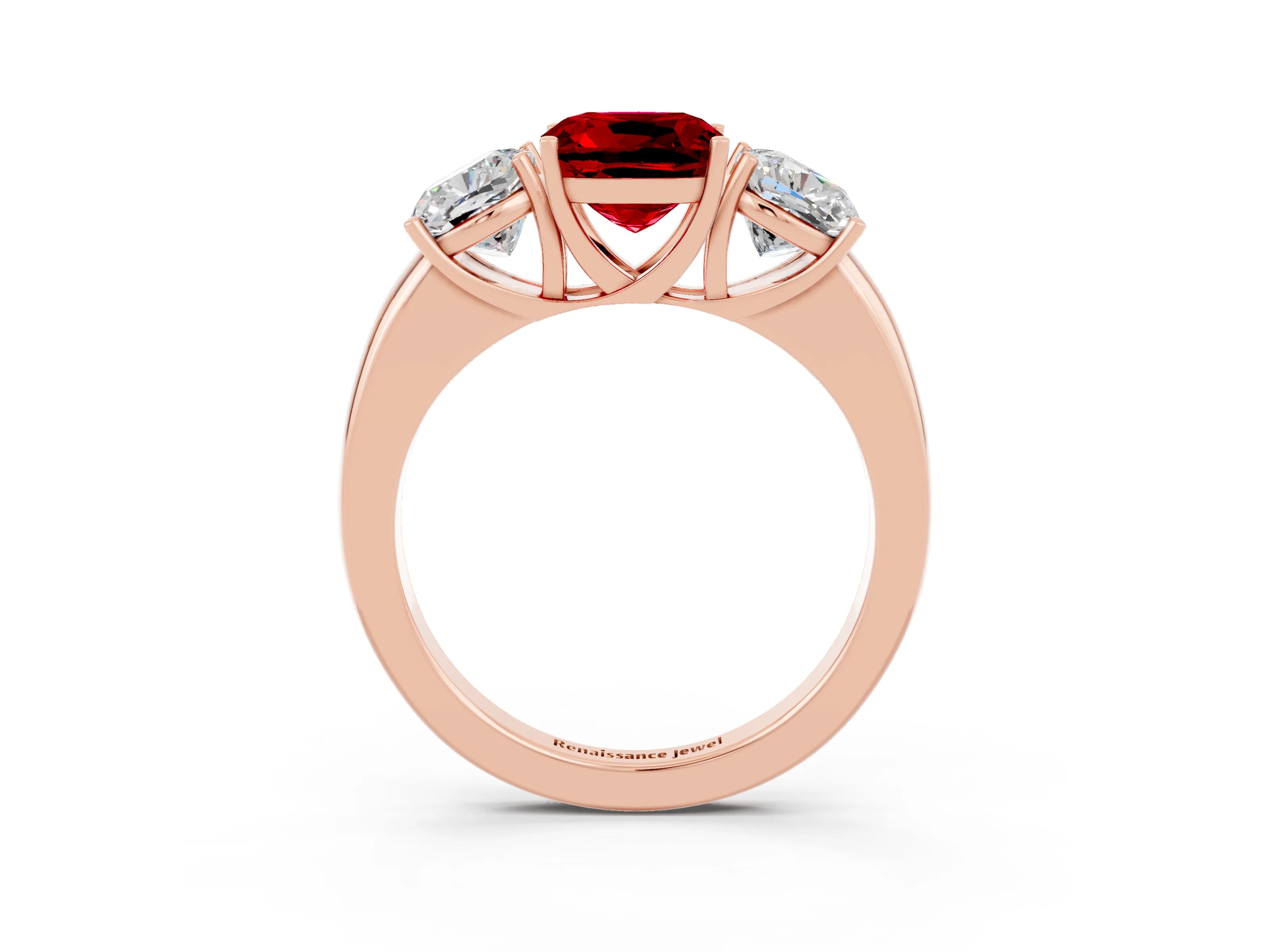 Rose gold Cushion Cut Ruby Three-Stone Ring with Four-Prong Setting and Classic Band_3