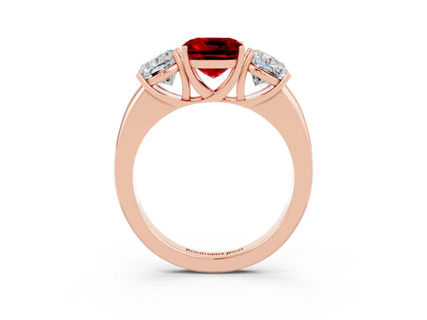 Rose gold Cushion Cut Ruby Three-Stone Ring with Four-Prong Setting and Classic Band