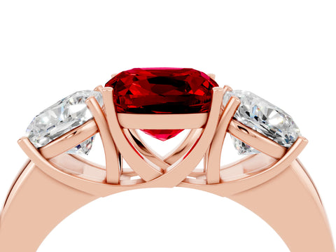 Rose gold Cushion Cut Ruby Three-Stone Ring with Four-Prong Setting and Classic Band_4