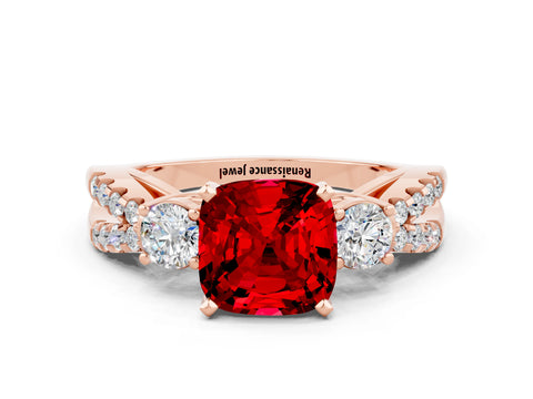 Rose gold Cushion Cut Ruby Three-Stone Ring with Pavé Split Shank and Four-Prong Setting_12