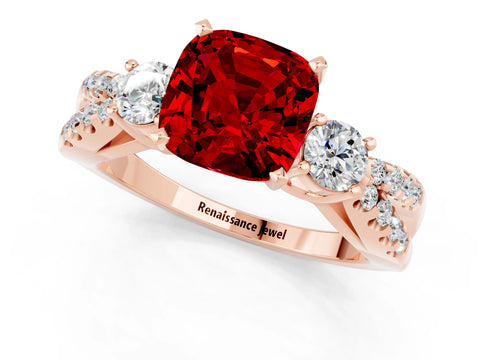 Rose gold Cushion Cut Ruby Three-Stone Ring with Pavé Split Shank and Four-Prong Setting_13