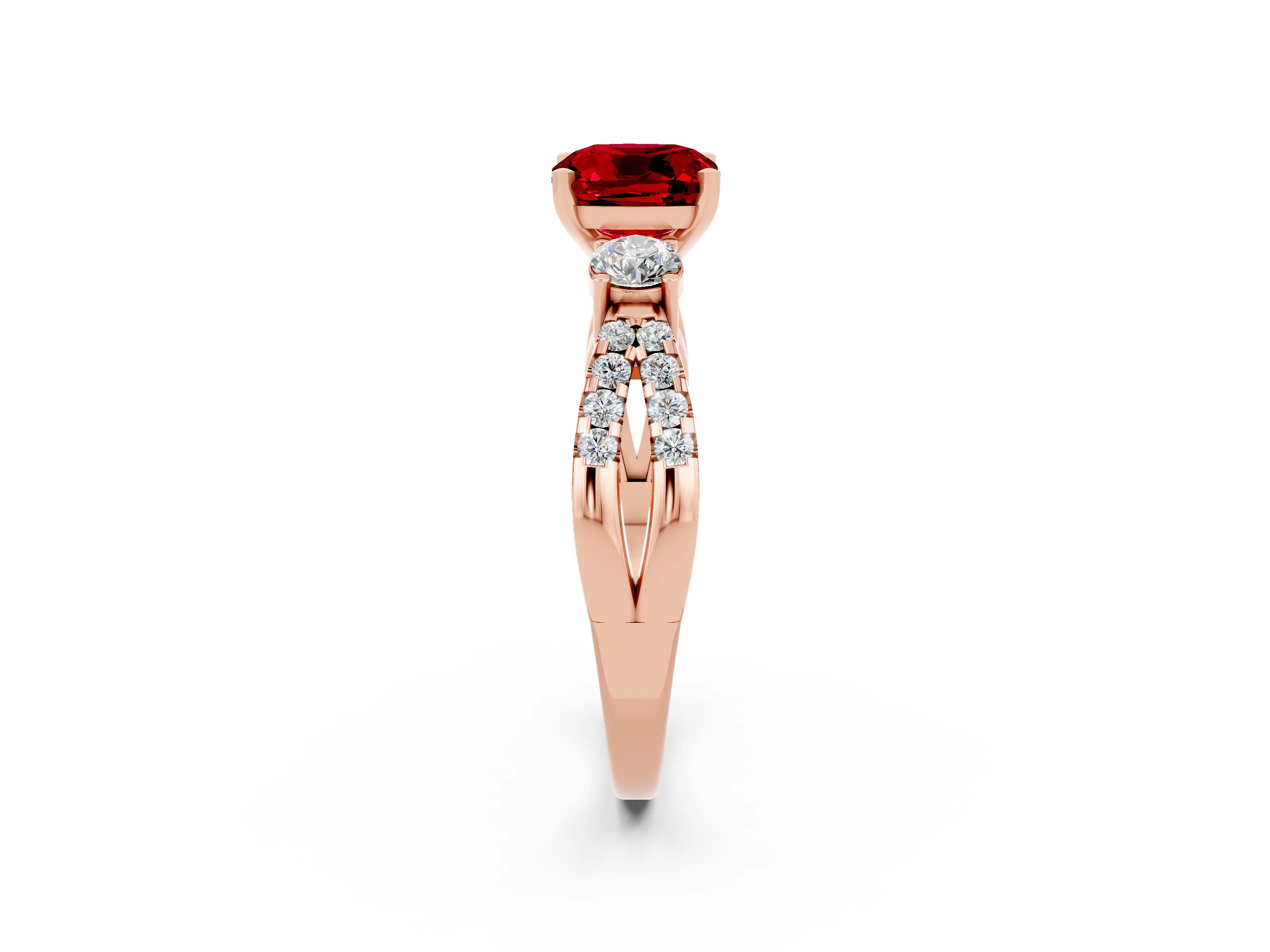 Rose gold Cushion Cut Ruby Three-Stone Ring with Pavé Split Shank and Four-Prong Setting_14