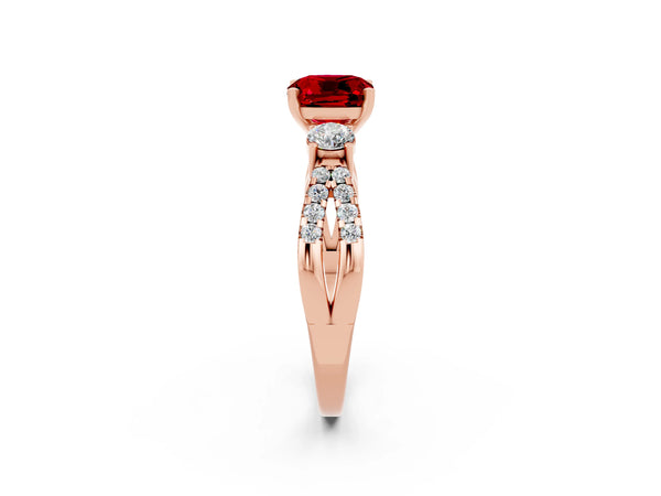 Rose gold Cushion Cut Ruby Three-Stone Ring with Pavé Split Shank and Four-Prong Setting