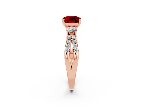 Rose gold Cushion Cut Ruby Three-Stone Ring with Pavé Split Shank and Four-Prong Setting_14