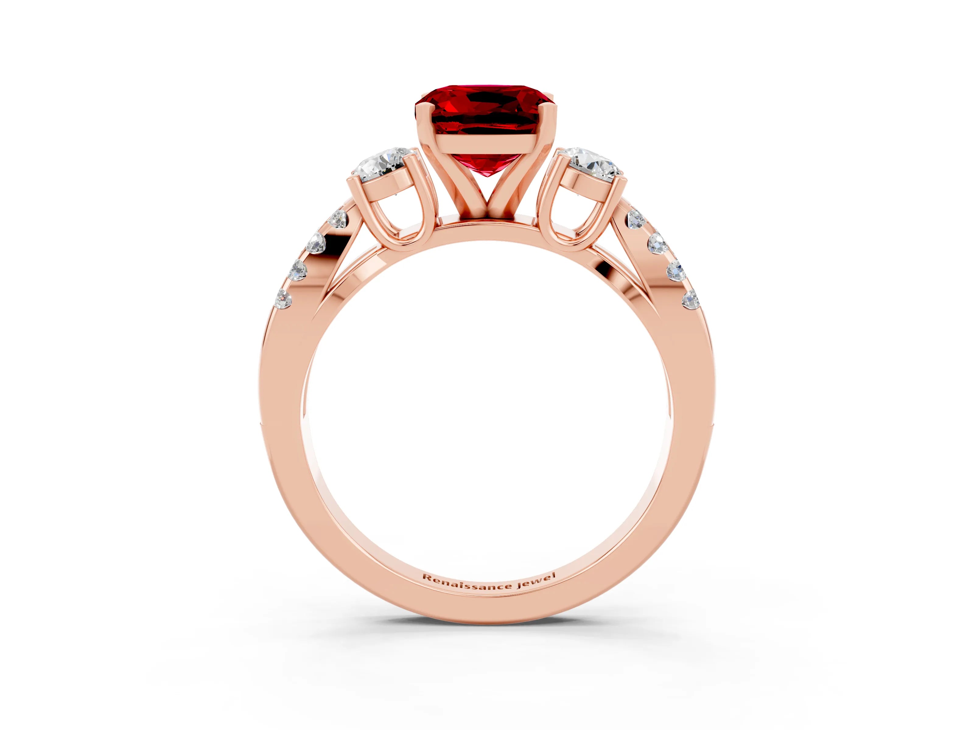 Rose gold Cushion Cut Ruby Three-Stone Ring with Pavé Split Shank and Four-Prong Setting_15