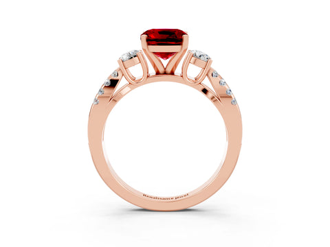Rose gold Cushion Cut Ruby Three-Stone Ring with Pavé Split Shank and Four-Prong Setting_15