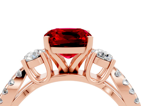 Rose gold Cushion Cut Ruby Three-Stone Ring with Pavé Split Shank and Four-Prong Setting_16
