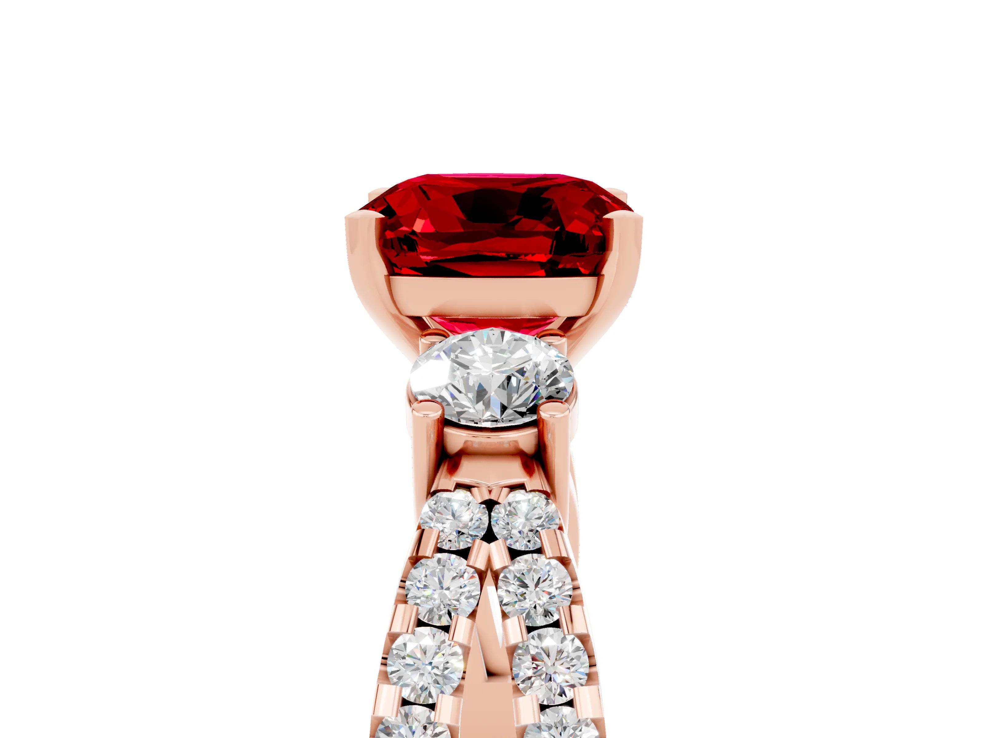 Rose gold Cushion Cut Ruby Three-Stone Ring with Pavé Split Shank and Four-Prong Setting_17