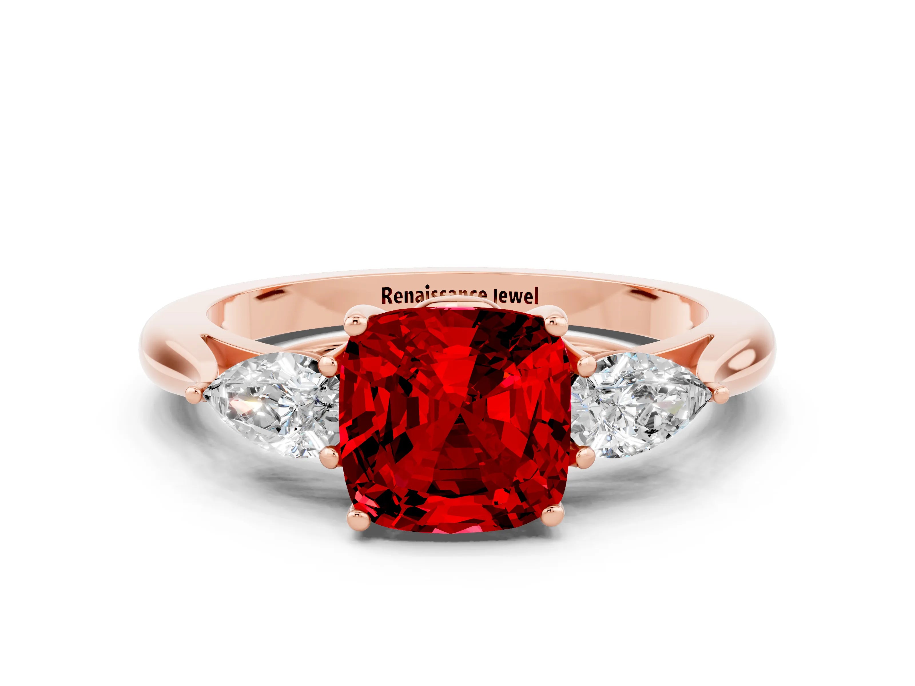 Rose gold Cushion Cut Ruby Three-Stone Ring with Pear Side Stones and Four-Prong Setting_12