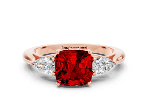Rose gold Cushion Cut Ruby Three-Stone Ring with Pear Side Stones and Four-Prong Setting_12