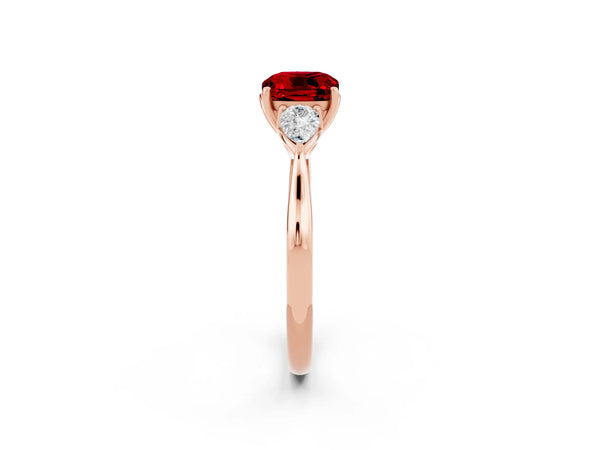 Rose gold Cushion Cut Ruby Three-Stone Ring with Pear  Side Stones and Prong Setting
