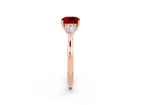Rose gold Cushion Cut Ruby Three-Stone Ring with Pear Side Stones and Four-Prong Setting_14