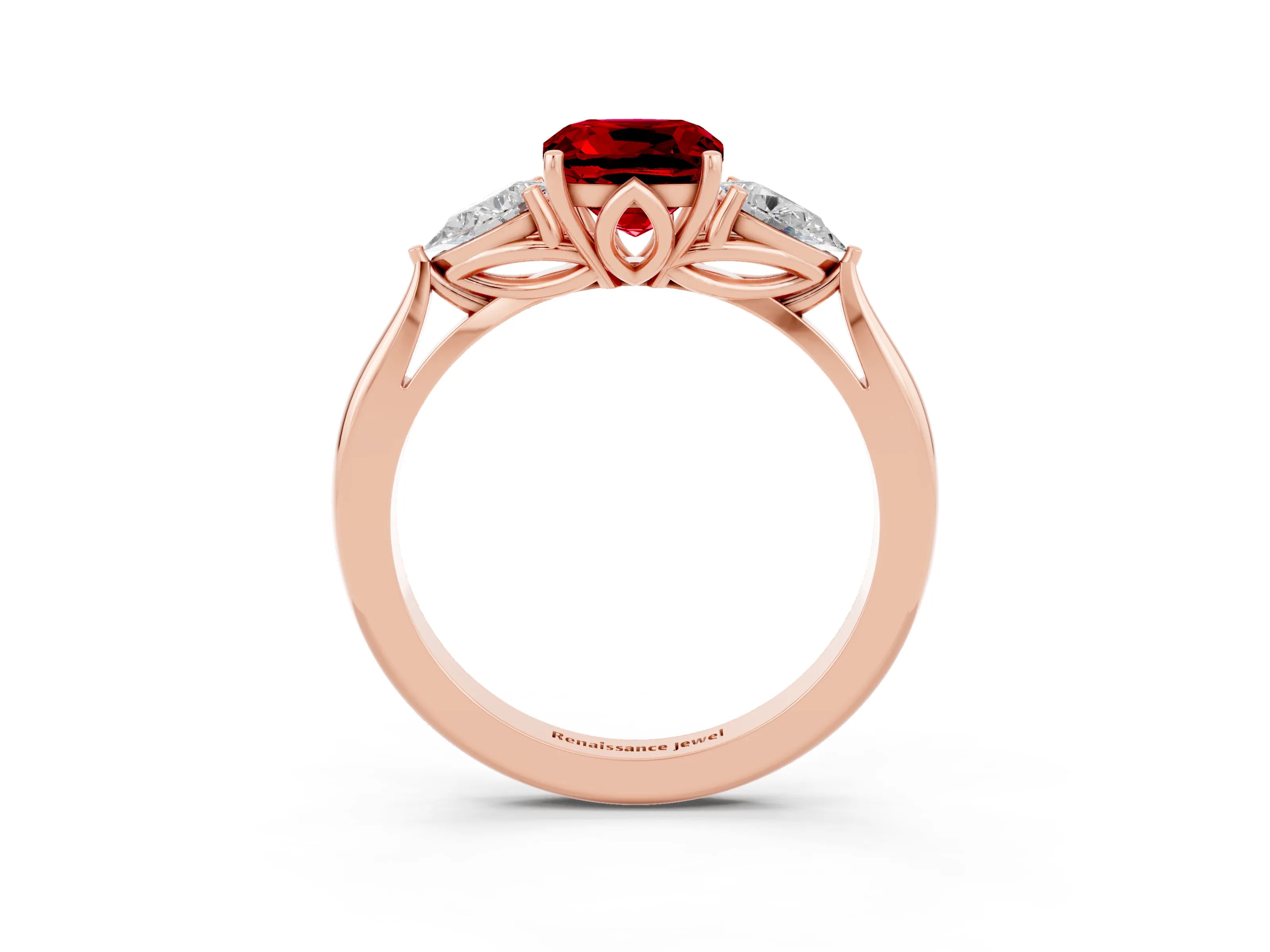 Rose gold Cushion Cut Ruby Three-Stone Ring with Pear Side Stones and Four-Prong Setting_15