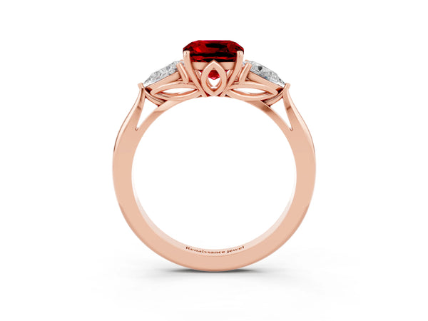 Rose gold Cushion Cut Ruby Three-Stone Ring with Pear  Side Stones and Prong Setting