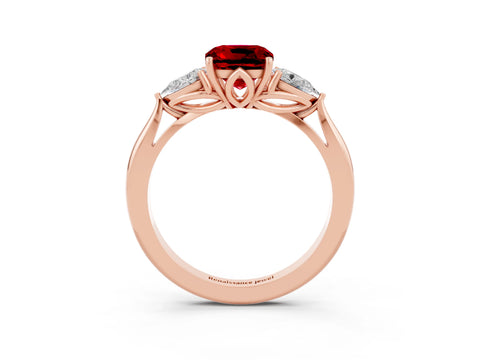 Rose gold Cushion Cut Ruby Three-Stone Ring with Pear Side Stones and Four-Prong Setting_15