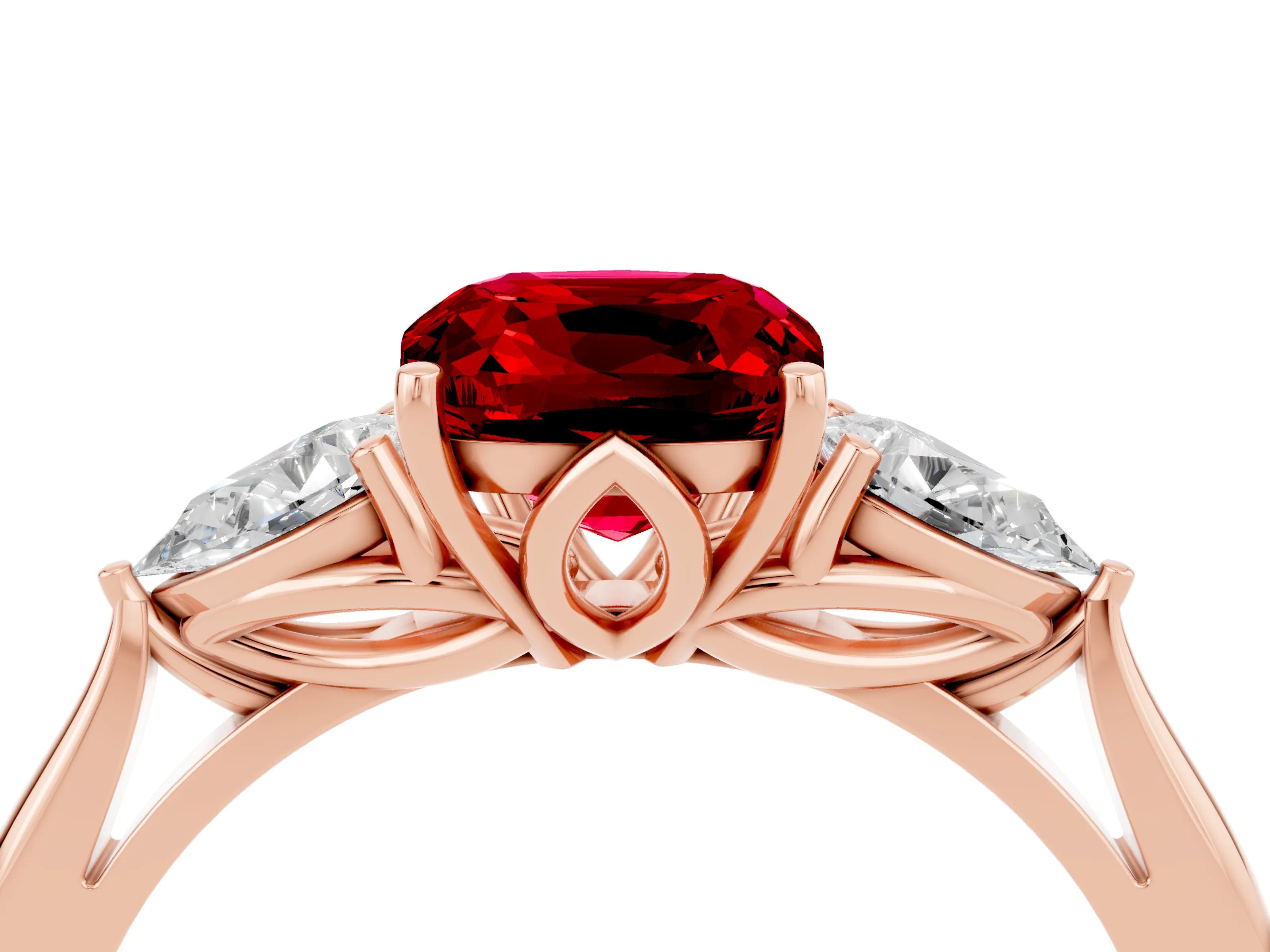 Rose gold Cushion Cut Ruby Three-Stone Ring with Pear Side Stones and Four-Prong Setting_16