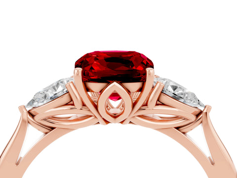 Rose gold Cushion Cut Ruby Three-Stone Ring with Pear Side Stones and Four-Prong Setting_16