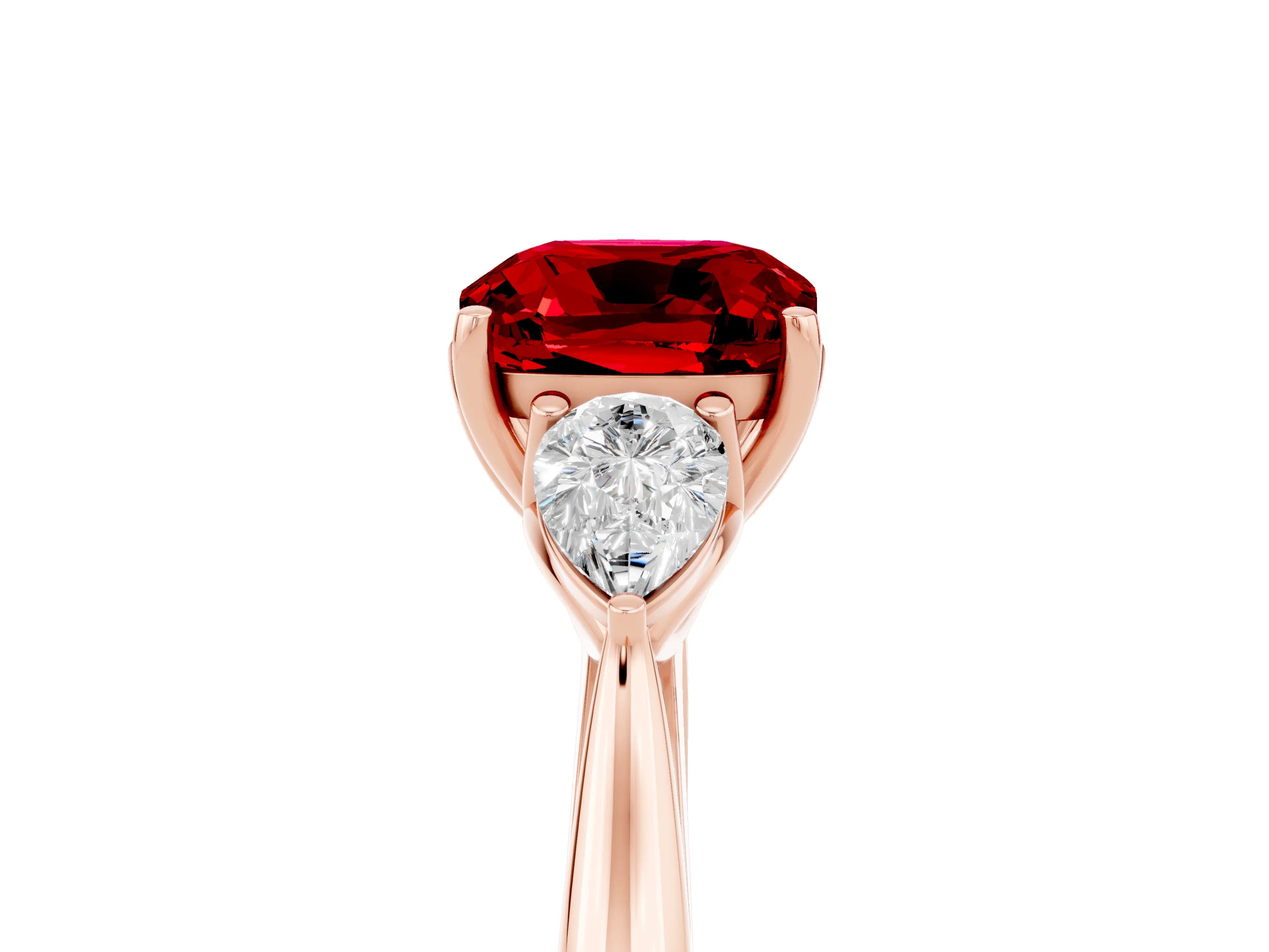 Rose gold Cushion Cut Ruby Three-Stone Ring with Pear Side Stones and Four-Prong Setting_17